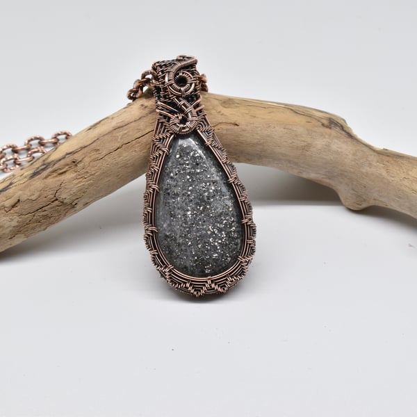 Black Sunstone and Copper Wire Woven Gothic Pendant