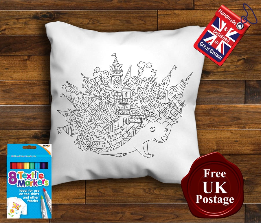 Hedgehog Colouring Cushion Cover, With or Without Fabric Pens Choose Your Size