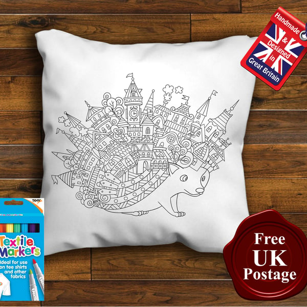 Hedgehog Colouring Cushion Cover, With or Without Fabric Pens Choose Your Size