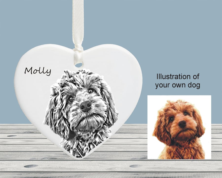 Personalised Dog Illustration Christmas Tree Heart Decoration - Dog Owner Gift