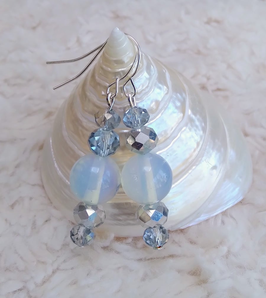 Blue OPAL with Czech coated crystal beads silvertone EARRINGS