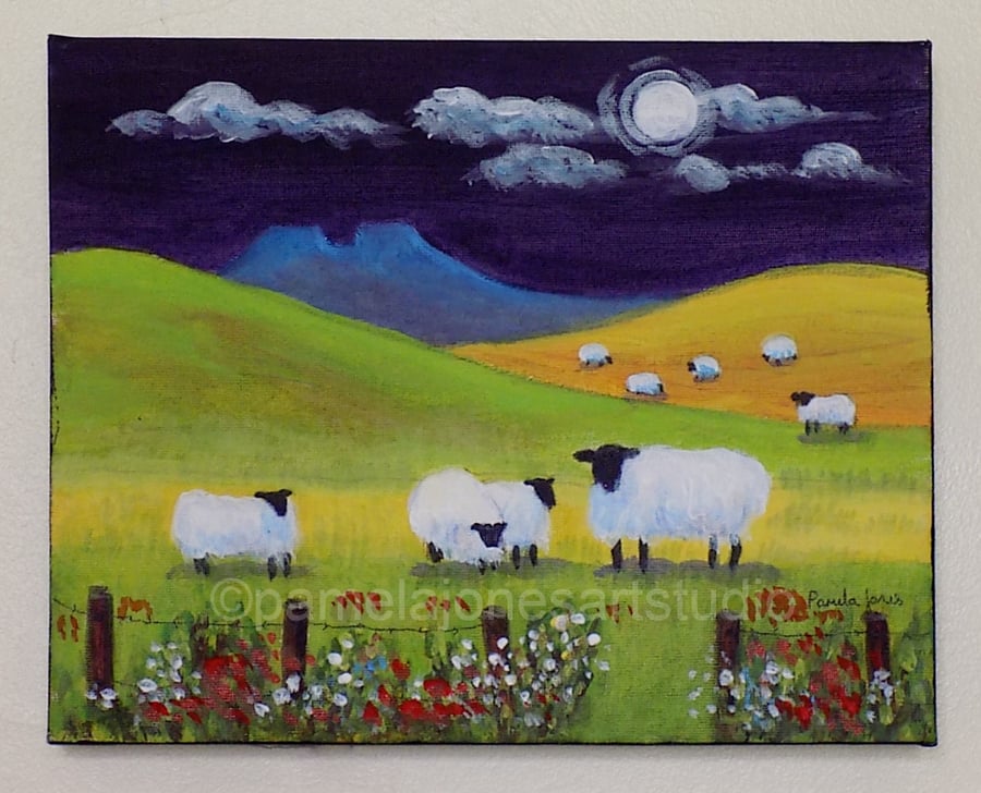 Sheep, Moonlight, Pen Y Fan, Brecon Beacons, Acrylic Painting on 30 x 24 cm