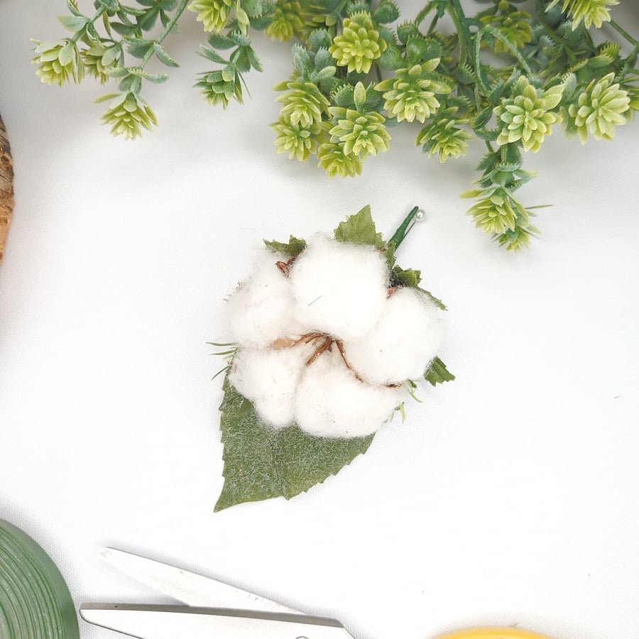 Cotton Buttonhole, Artificial Wedding Flowers, Natural Boutonniere, Dried Cotton