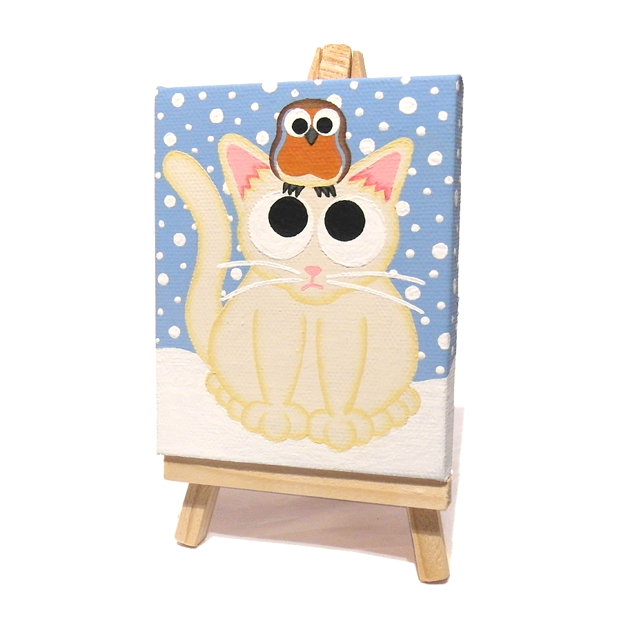 Cat Art with Robin - original mini painting of cute white cat and bird