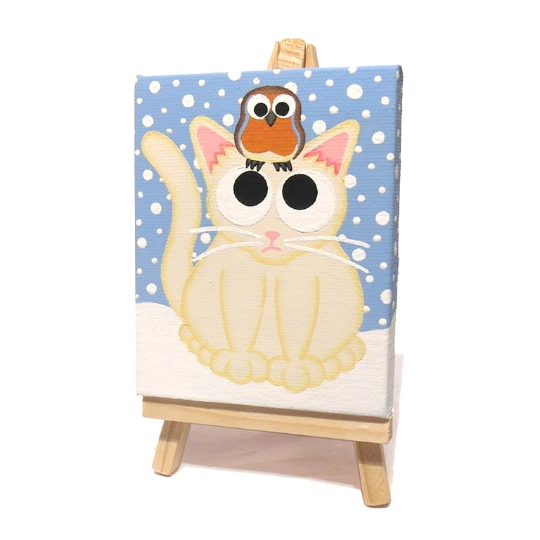 Cat Art with Robin - original mini painting of cute white cat and bird