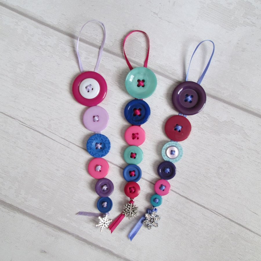 Set of Three Frosty Button Dangle Christmas Tree Decorations