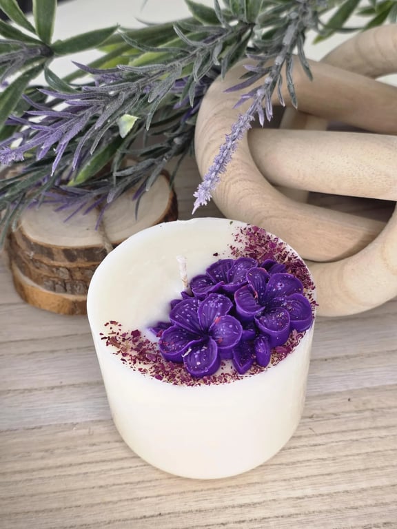 Handmade Purple Flower Candle – Decorative Floral Candle – Gift for Her