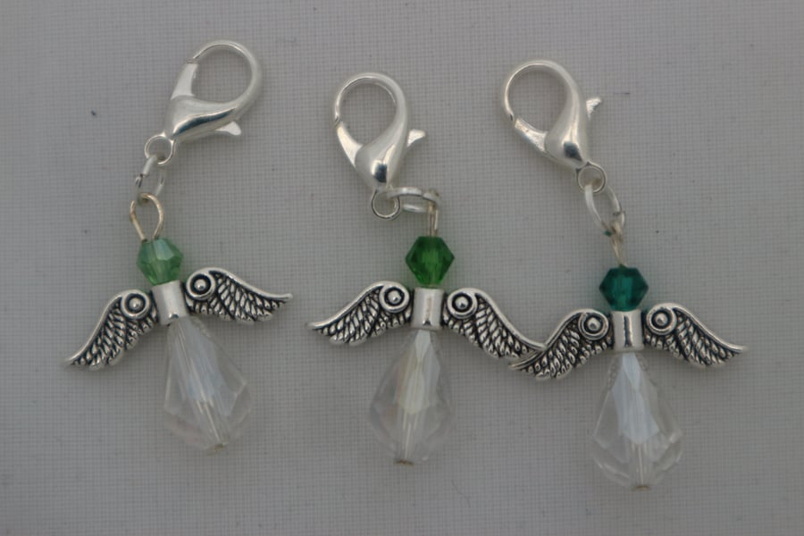 Crochet stitch markers - silver angel x3 in green clear