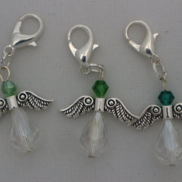 Crochet stitch markers - silver angel x3 in green clear