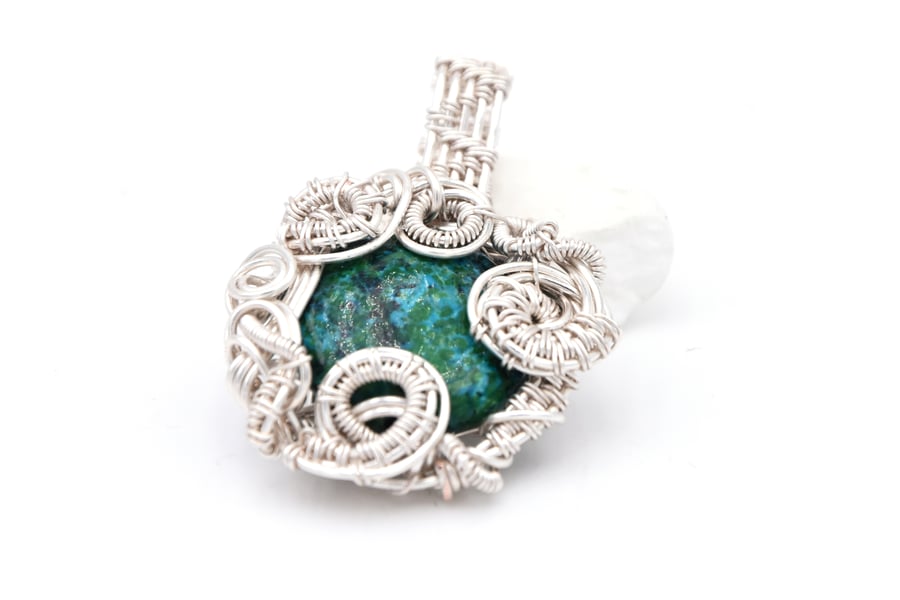 Green chrysocolla pendant; wire wrapped pendant