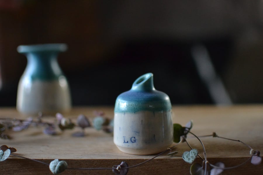 Solstice little ceramic bottle bud vase - glazed in turquoise, greens and white