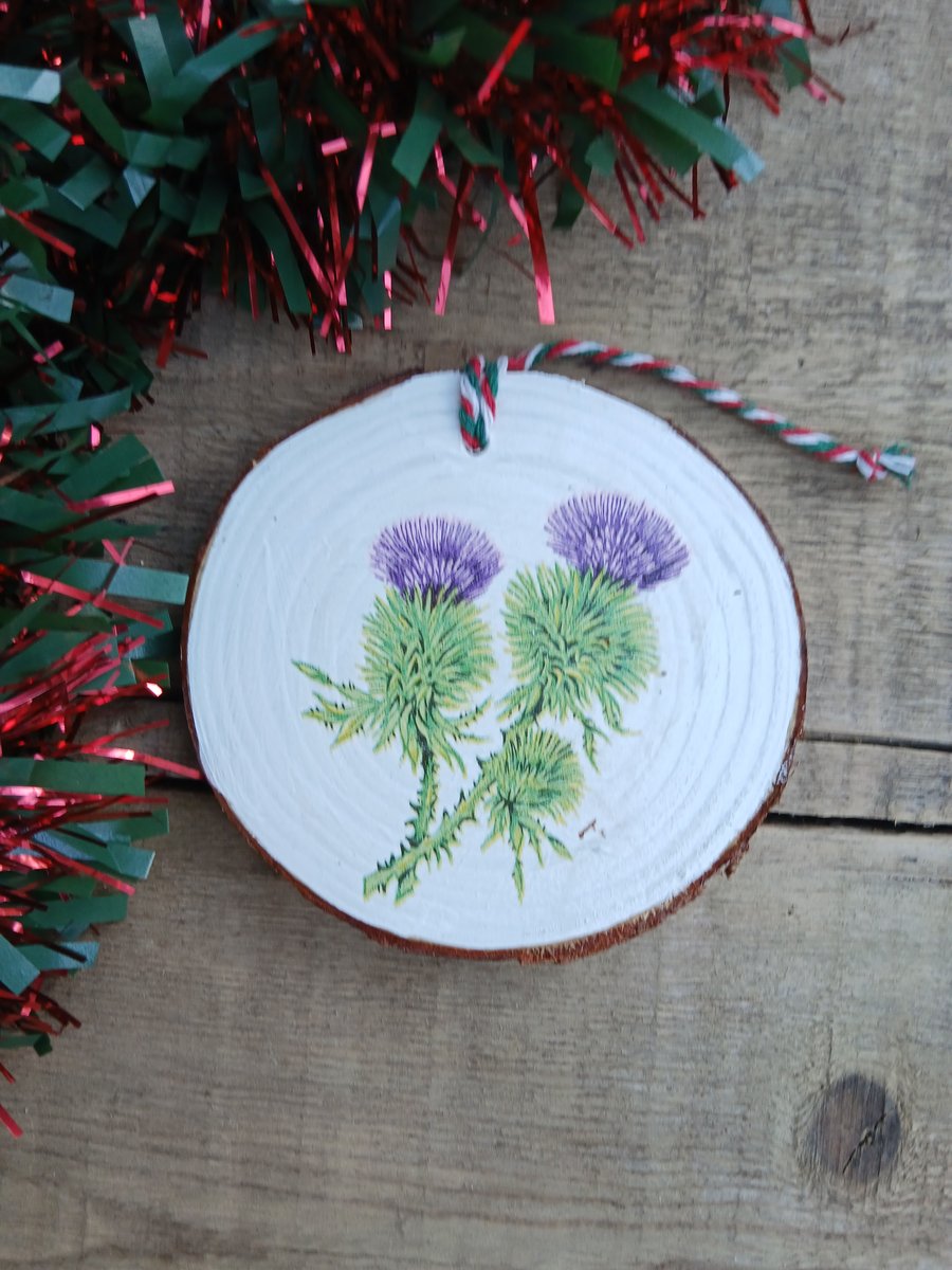 Scottish Thistle Large Round Wooden Christmas Decoration Tree Ornament
