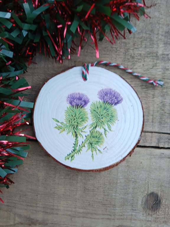Scottish Thistle Large Round Wooden Christmas Decoration Tree Ornament