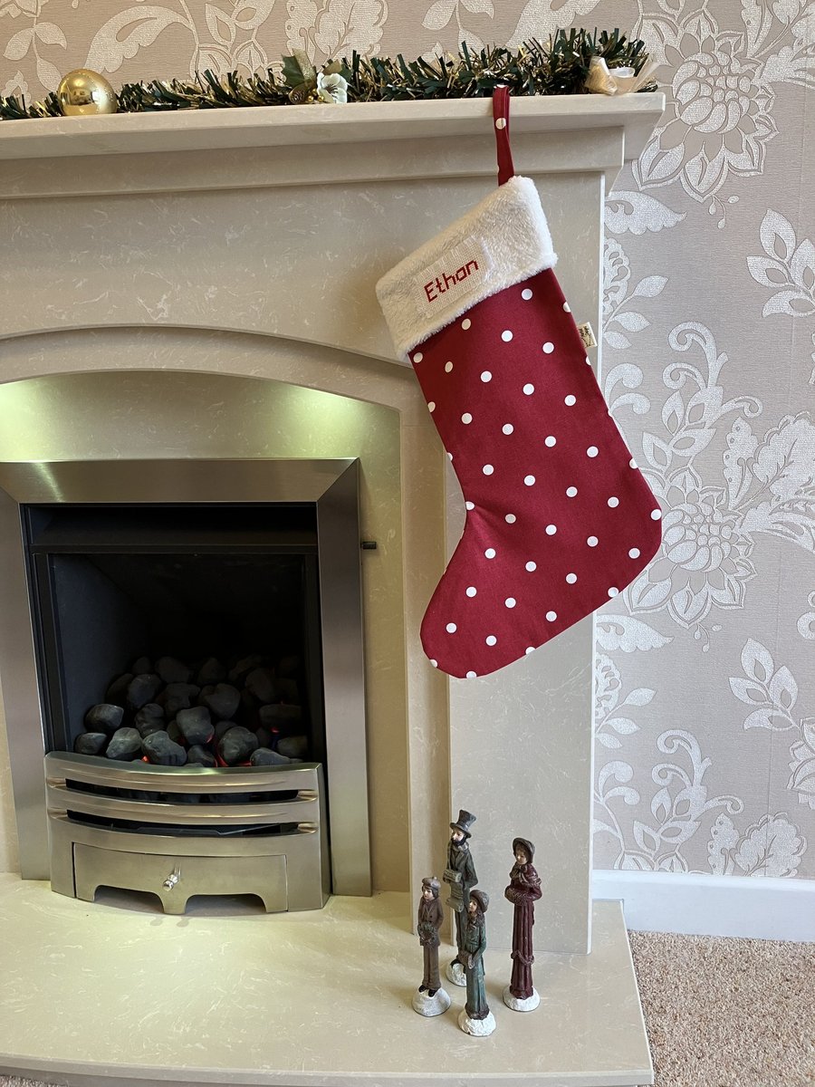 Red Spotty Christmas Stocking, Personalised Christmas Stocking, Handmade in UK