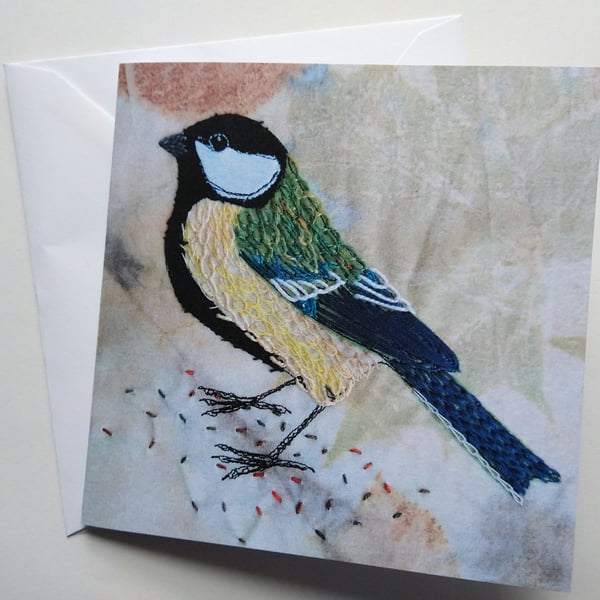 Great Tit Embroidered Portrait Greetings Card