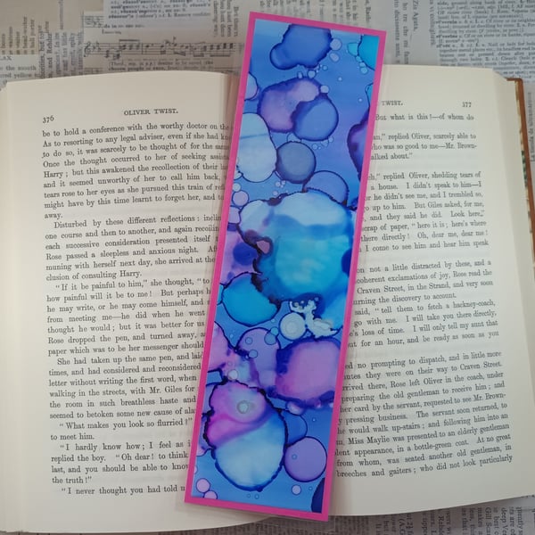 Pink, blue and purple alcohol inks laminated bookmark