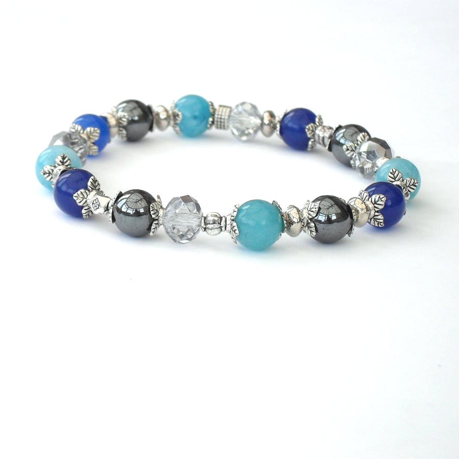 Sparkling blue gemstone and crystal handmade stretchy bracelet