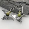 silver song bird earrings with serpentine and butter jade beads