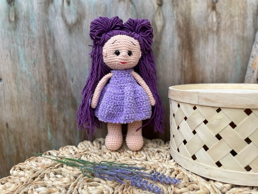 Hand crocheted doll -amigurumi girl - long hair for styling - removable dress - 