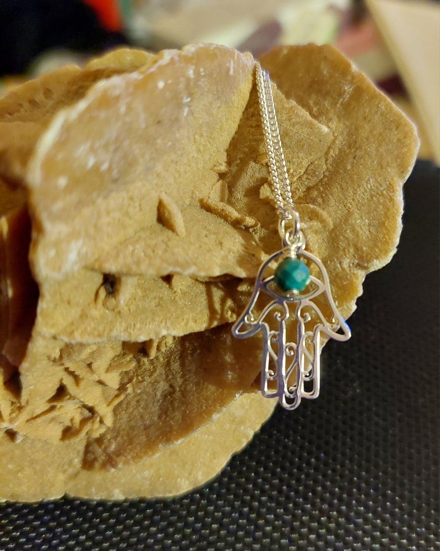 Sterling Silver Hand of Fatima and Turquoise Necklace