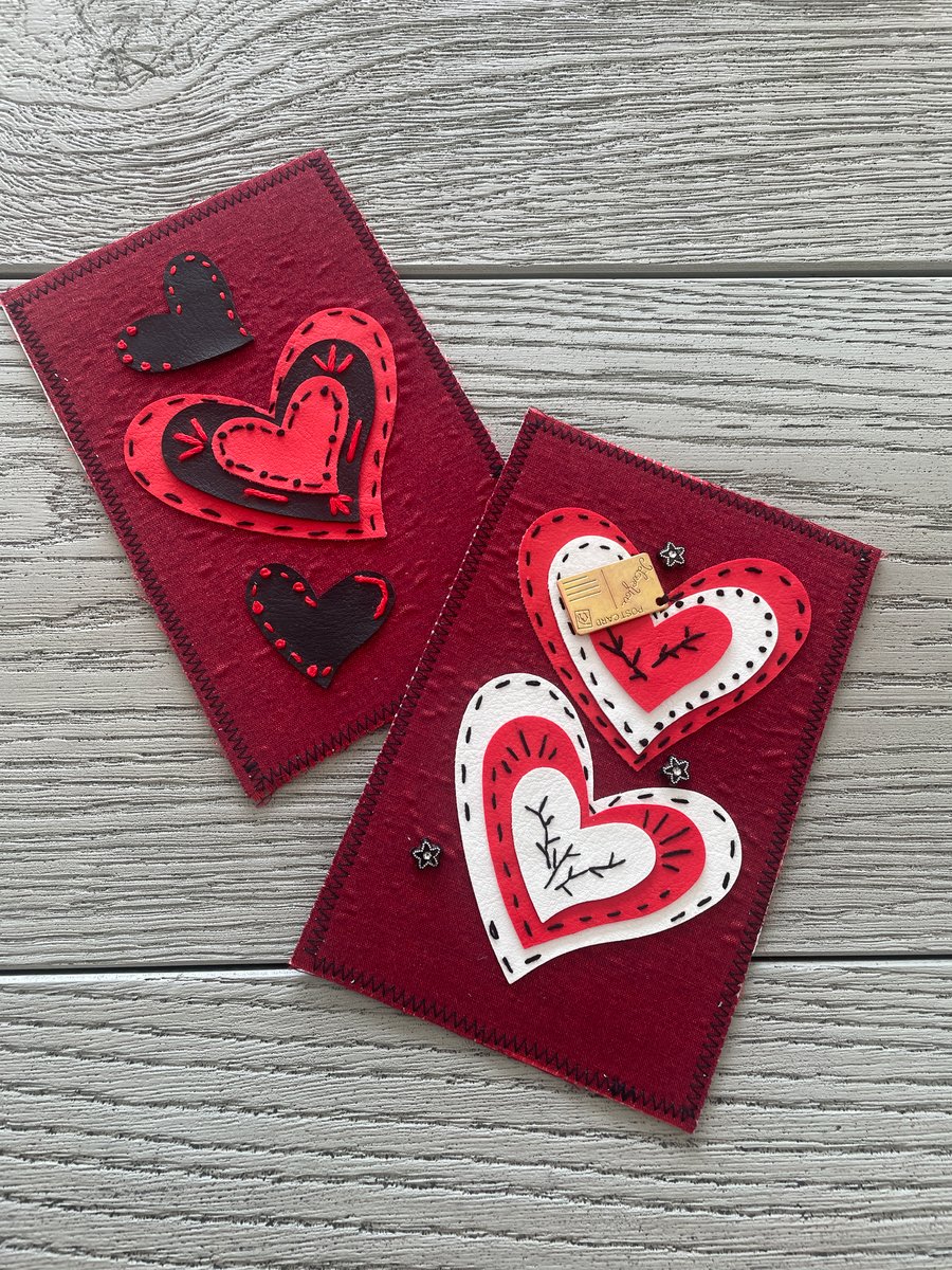 Set of 2 Fabric Heart Designed Postcards with Envelopes.