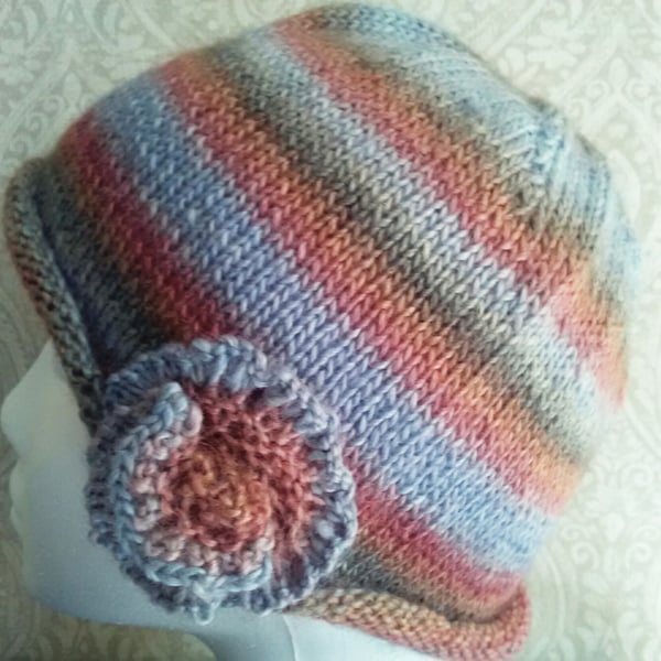 HANDKNIT Beanie Hat wool soy silk pastels MED