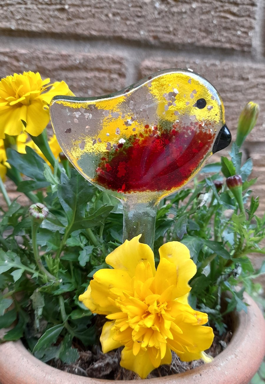 Fused Glass Mini Robin Garden Stake 