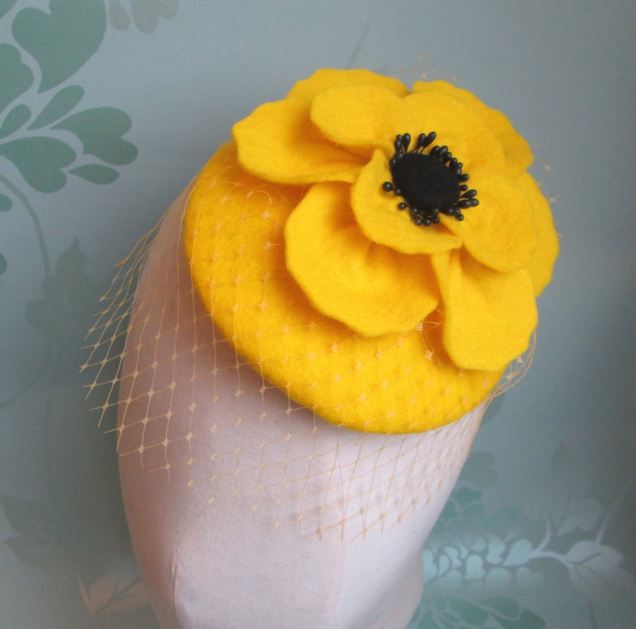 Yellow Fascinator Hat - Felt Fascinator, Poppy Cocktail Hat, Wedding, Races