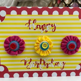 Rosettes, buttons and dots vibrant Happy Birthday card
