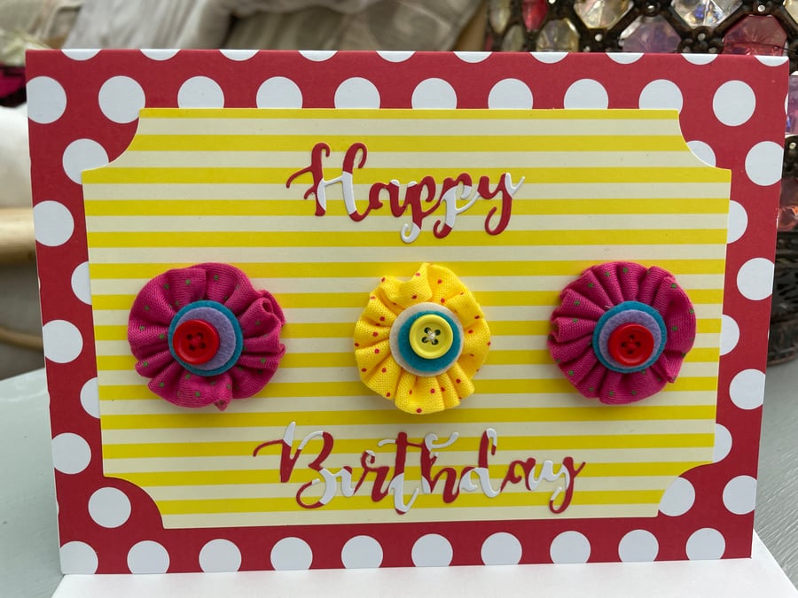 Rosettes, buttons and dots vibrant Happy Birthday card