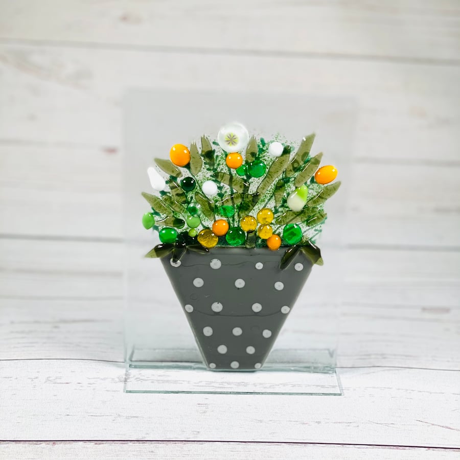 Fused glass grey flower pot ornament, glass art