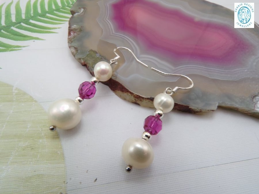 Stunning Freshwater Pearls & Crystal Fuchsia Earrings Silver.
