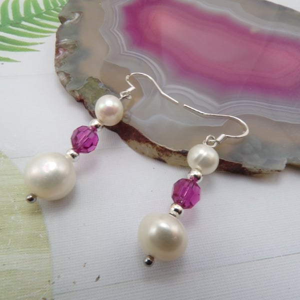Stunning Freshwater Pearls & Crystal Fuchsia Earrings Silver.