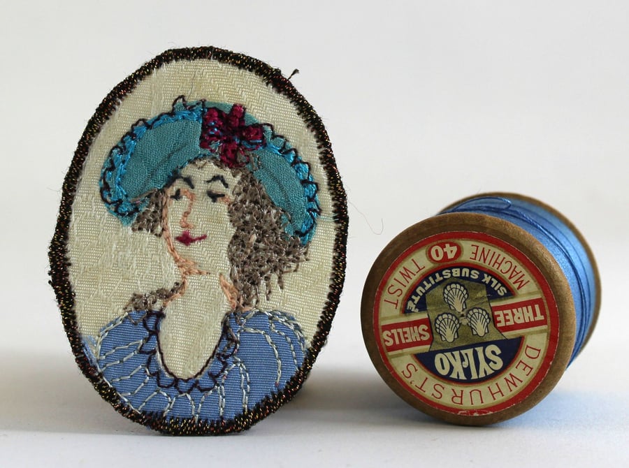 Mini Portrait Textile Art Brooch Cynthia