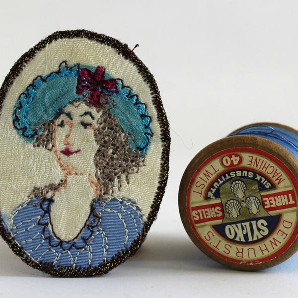 Mini Portrait Textile Art Brooch Cynthia