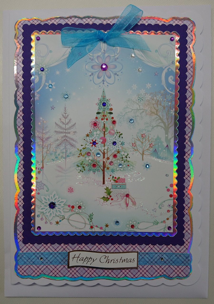 Christmas Card Whimsical Christmas Tree Snow and Gifts 3D Luxury Handmade Card