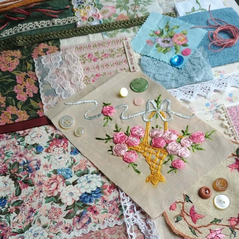 Large Slow Stitching kit - Embroidered Rose Basket, with vintage textiles