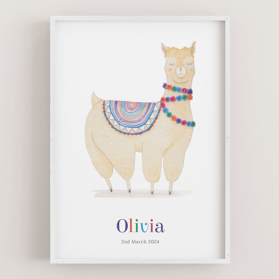 Personalised Alpaca Nursery Print: Custom Name & DOB Gift, Kids Room Decor