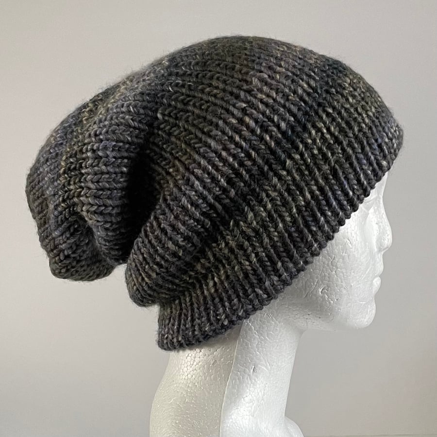 Grey Unisex Slouchy Beanie, Double Layered Reversible Woolly Hat, FREE DELIVERY 