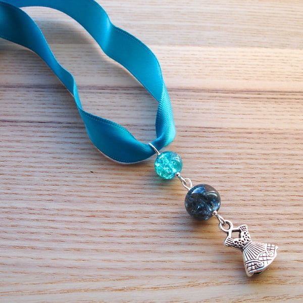 Teal Dress Ribbon Necklace