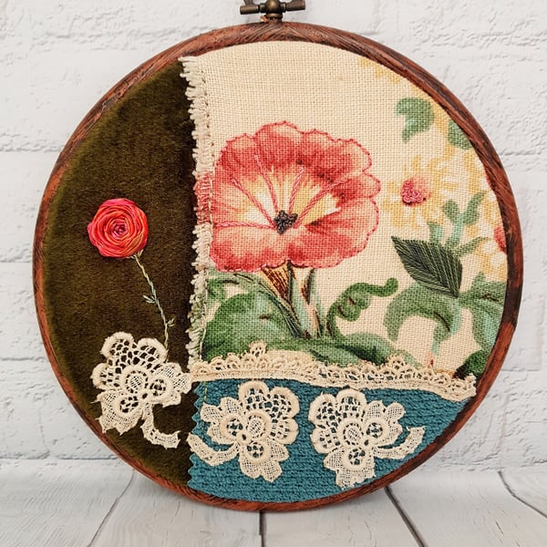 Vintage Floral Hand Embroidery Hoop, Slow Stitching Gift for Her, Hand Embroider