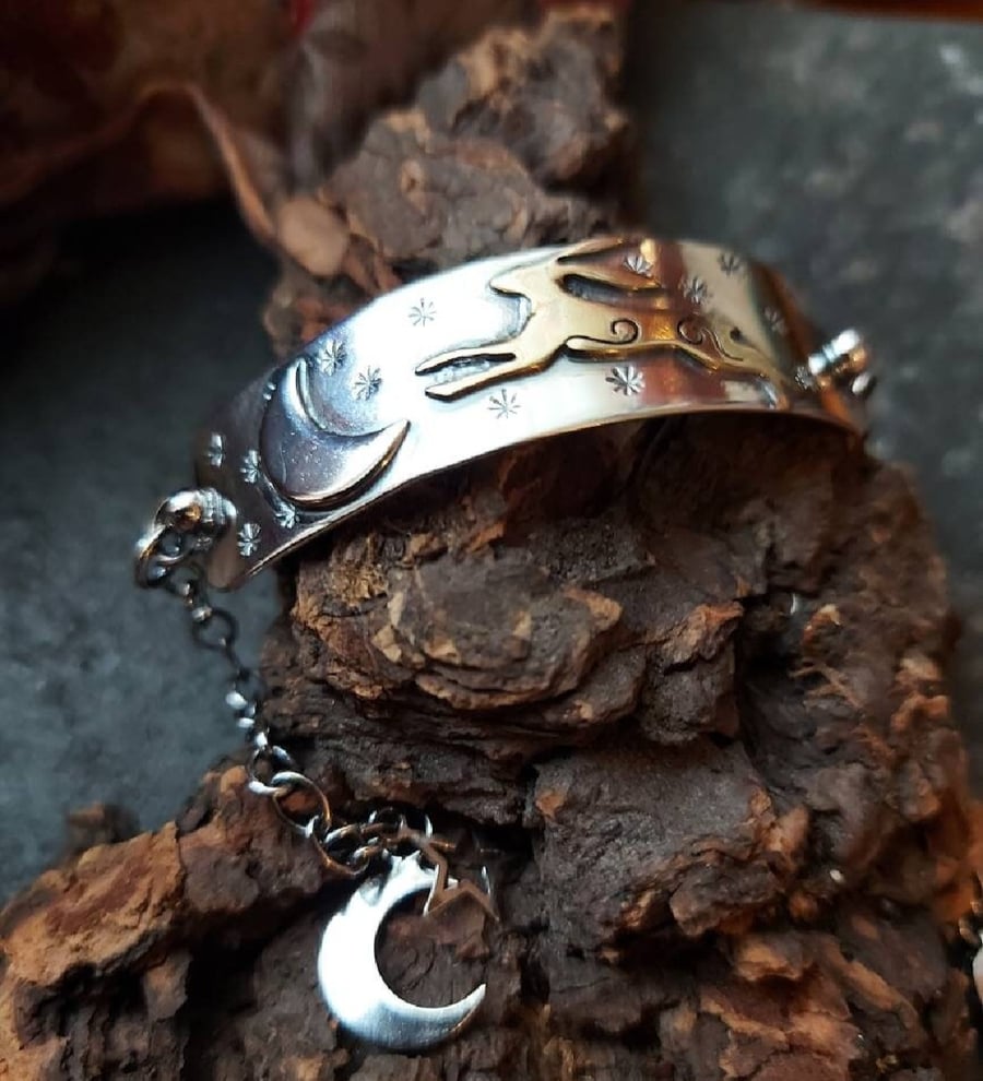 Silver hare and moon bracelet with brass hare and charms