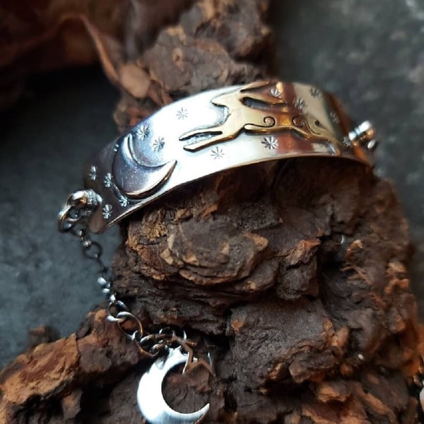 Silver hare and moon bracelet with brass hare and charms