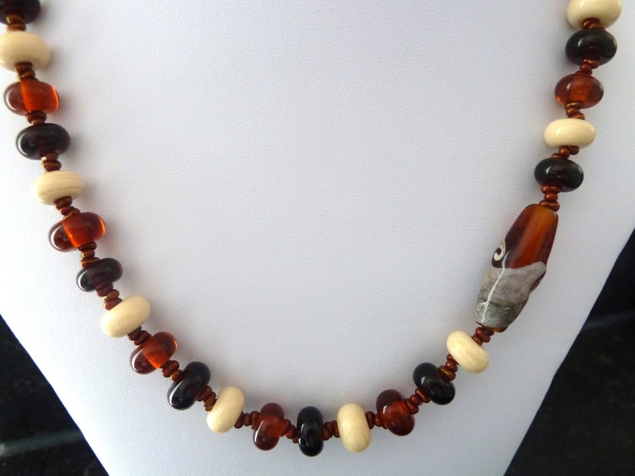 Amber lampwork glass bead necklace