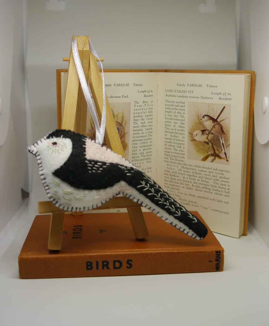 Long-tailed tit felt decoration, handsewn, ornament. 