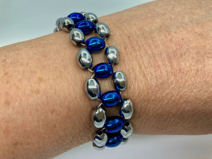 Metallic Coated Silver and Blue HEMATITE Ladder Bracelet with Silver Toggle Cla