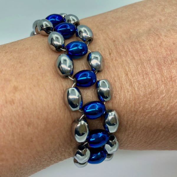 Metallic Coated Silver and Blue HEMATITE Ladder Bracelet with Silver Toggle Cla