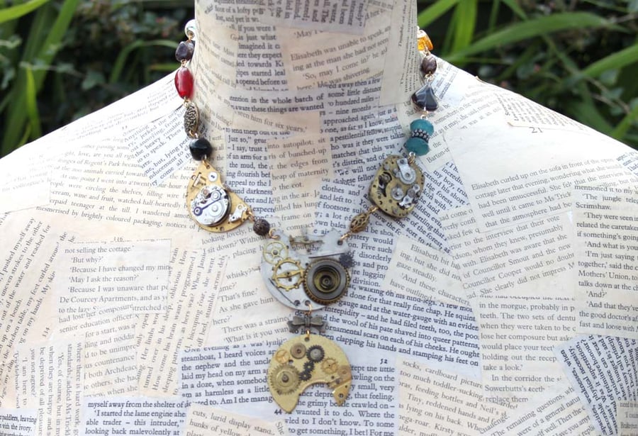 Upcycled Repurposed Vintage Watch Steampunk Beaded Gold and Silver Necklace