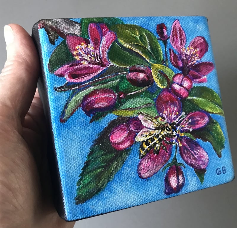 Honey Bee & Blossom, Original Acrylic Painting, Shelf-Sitter Art, Special Gift. 