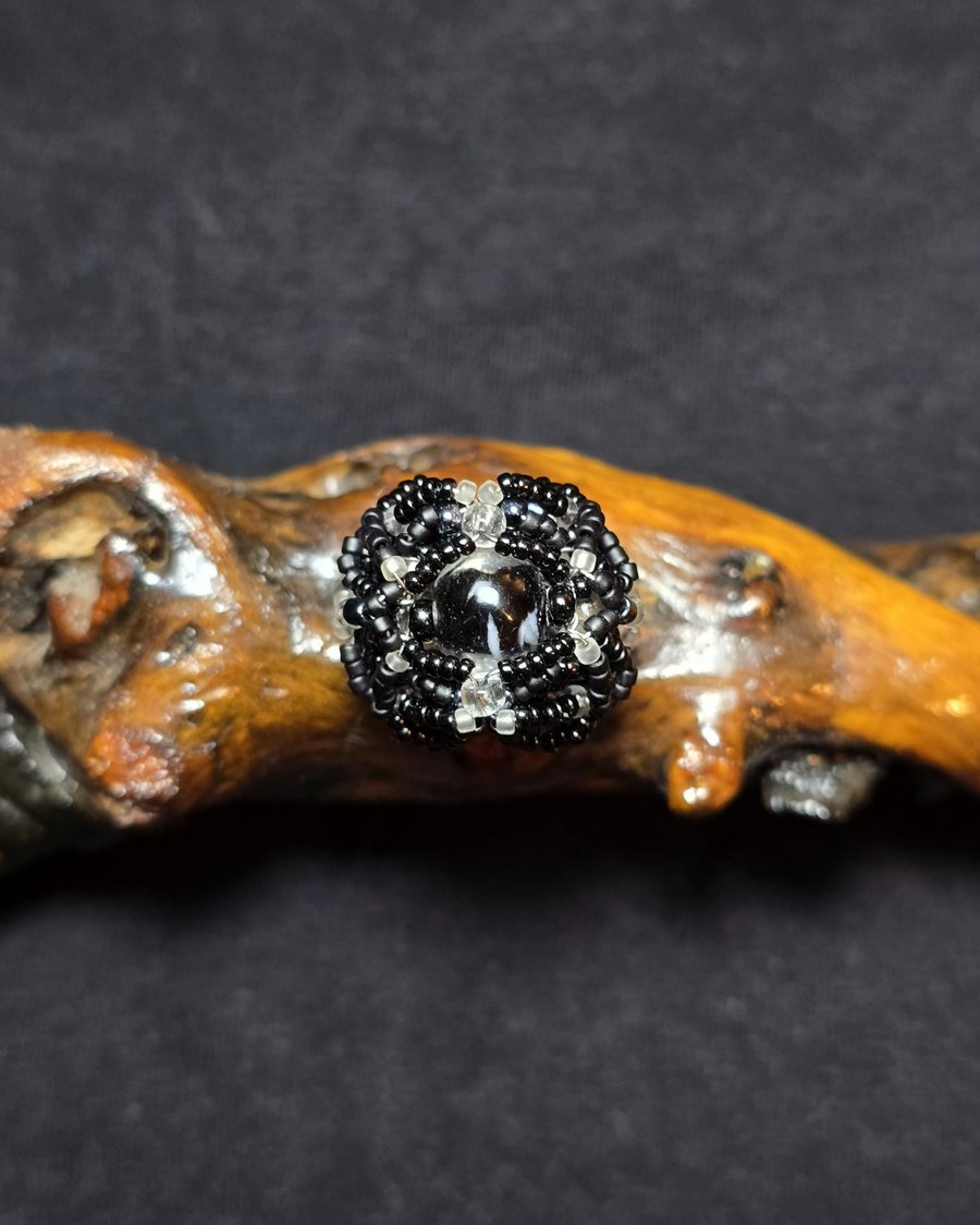 Black Clear Glass Adjustable Ring